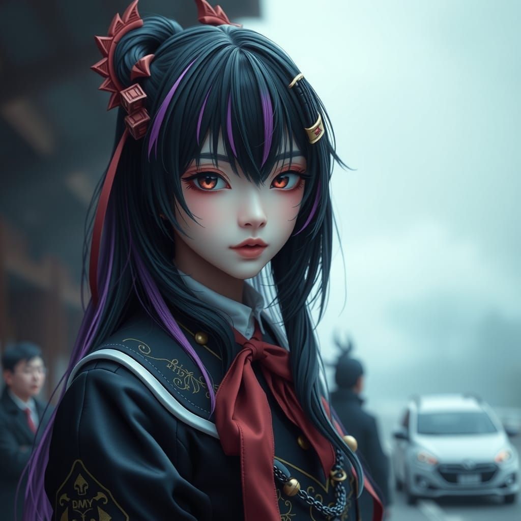 A girl with black and purple hair wearing the Demon Slayer u...