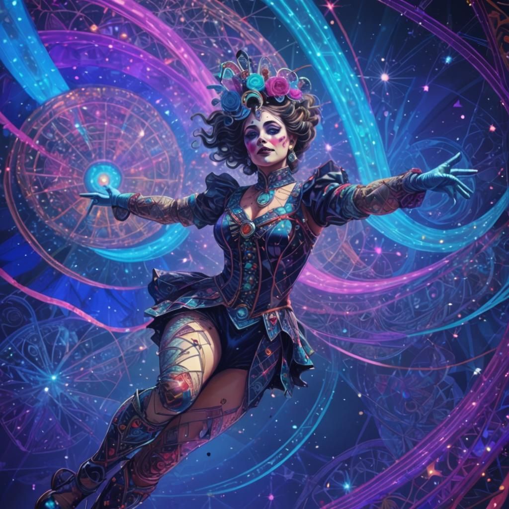 Vintage Circus Acrobat Performance in Psychedelic Style