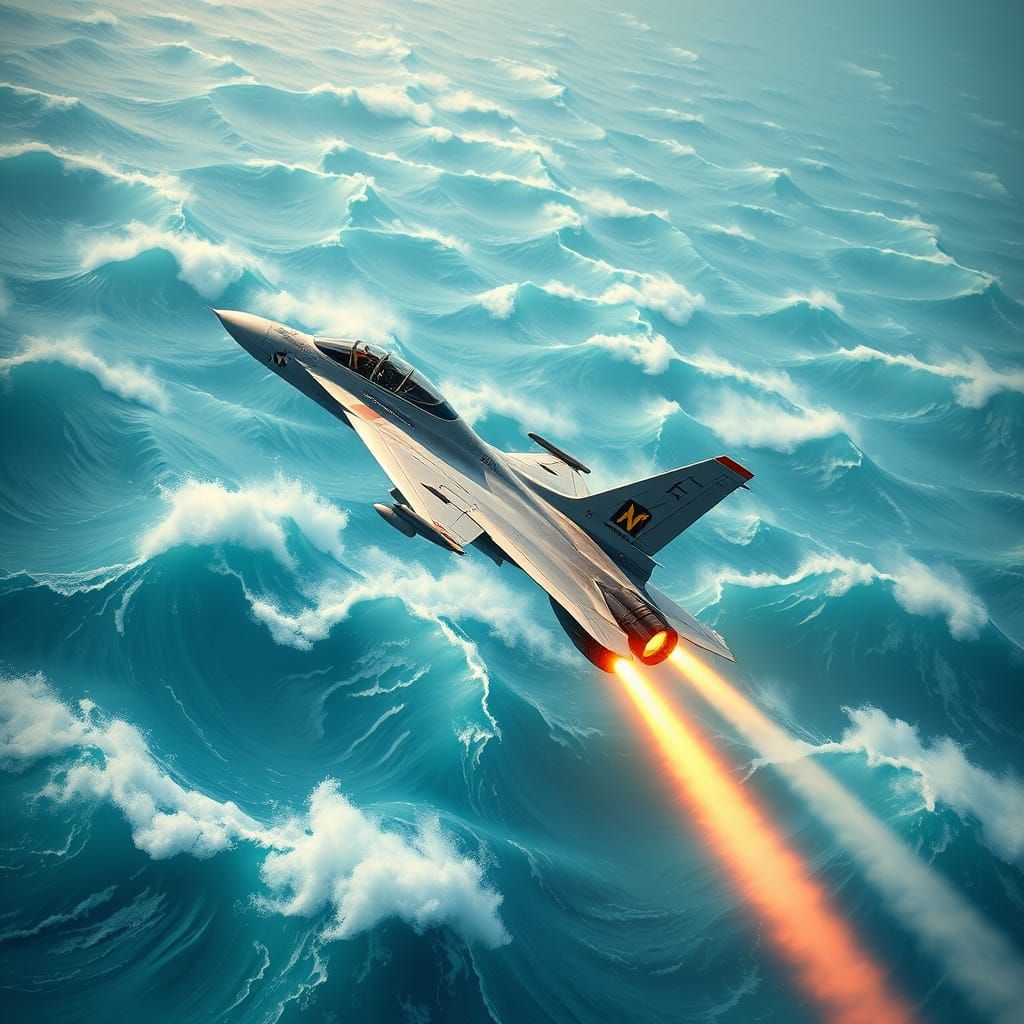 F-14 Tomcat Soaring Above Turbulent Ocean in Flight