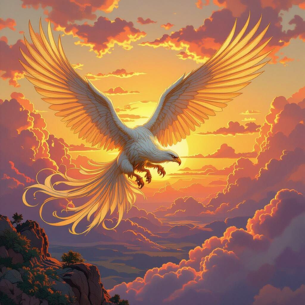 Griffin Soaring in Sunset Sky, Art Nouveau Style