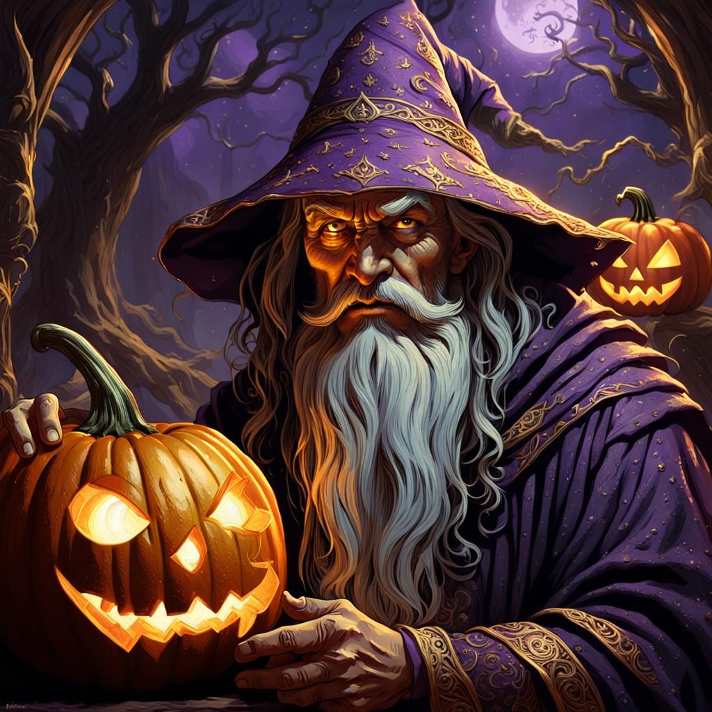 Wizard and Pumpkin in Dark Fantasy Style