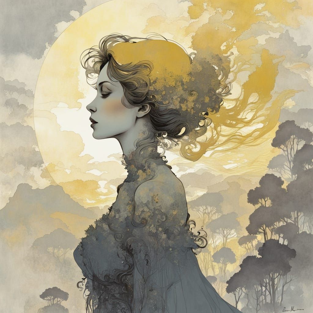 Woman's Silhouette in Fog with Gradient Colors