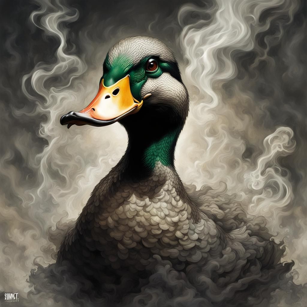 Surreal Duck with Smoke Effect, Detailed Illustration
