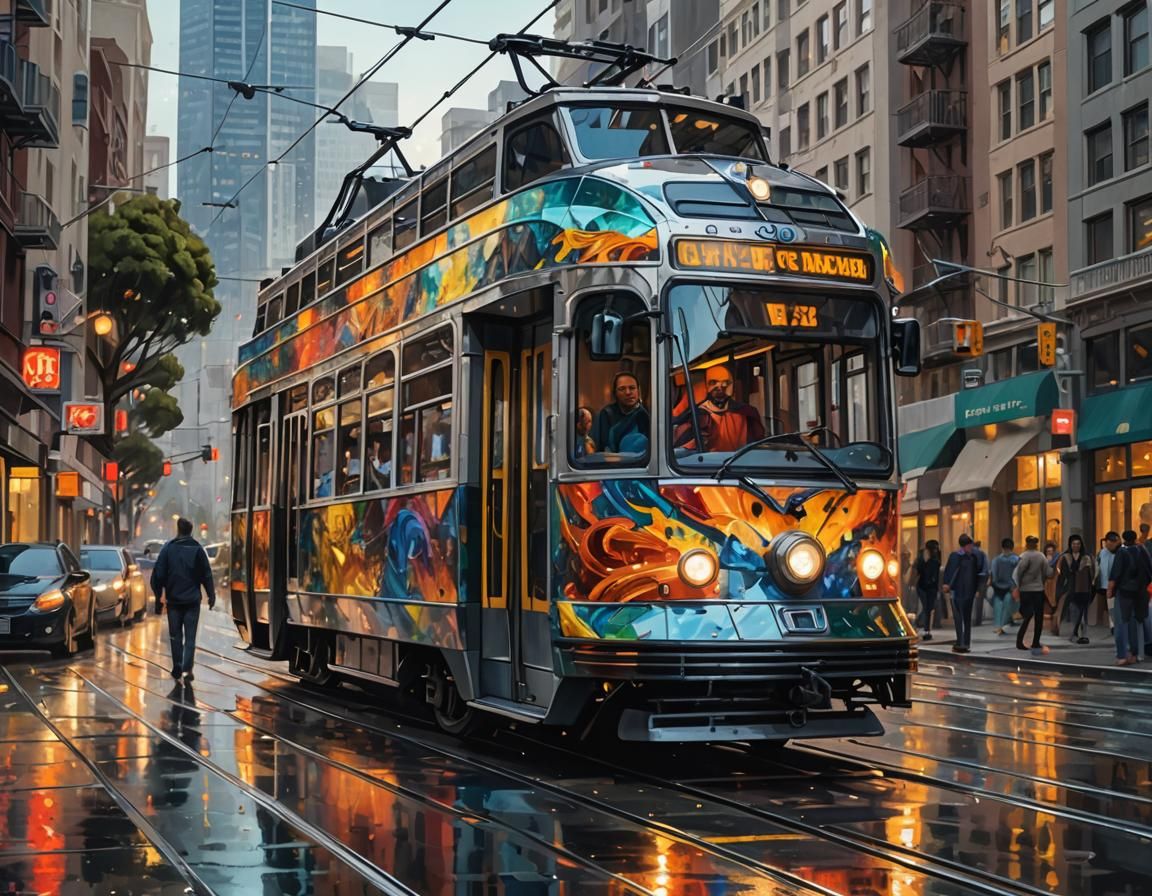 Glass Tram in San Francisco: Hyperrealistic Splash Art