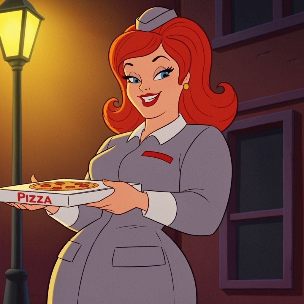 1960s Cartoon Food Server Flirts with Pizza