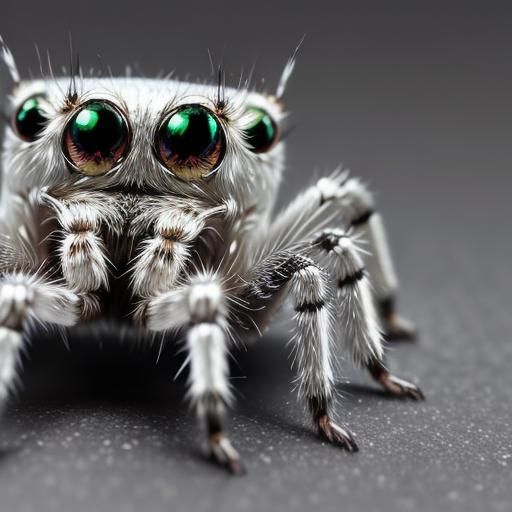 macrophotography of cute silvery jumping spider, big eyes, s...