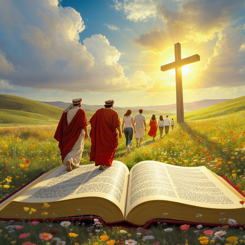 Biblical & Modern Figures Emerge From Bible into Meadow