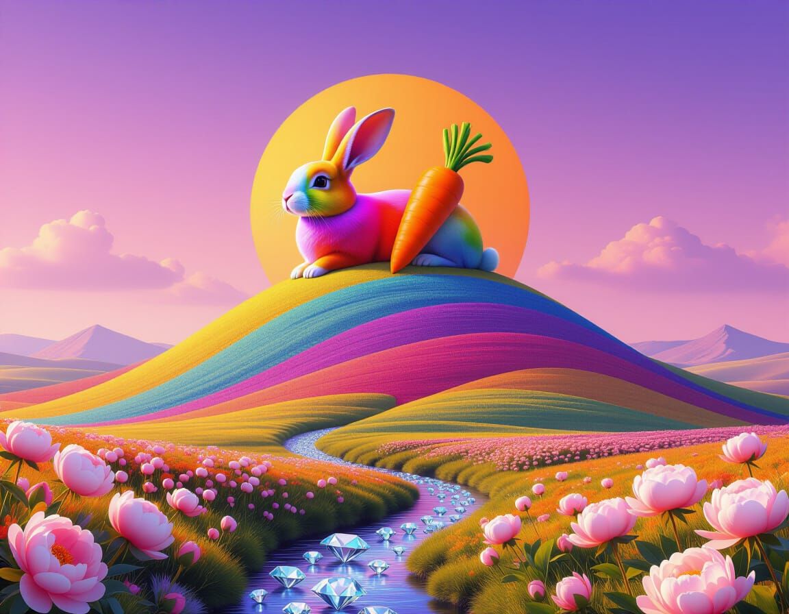 Surreal Rabbit Hill Landscape with Diamond Rivers