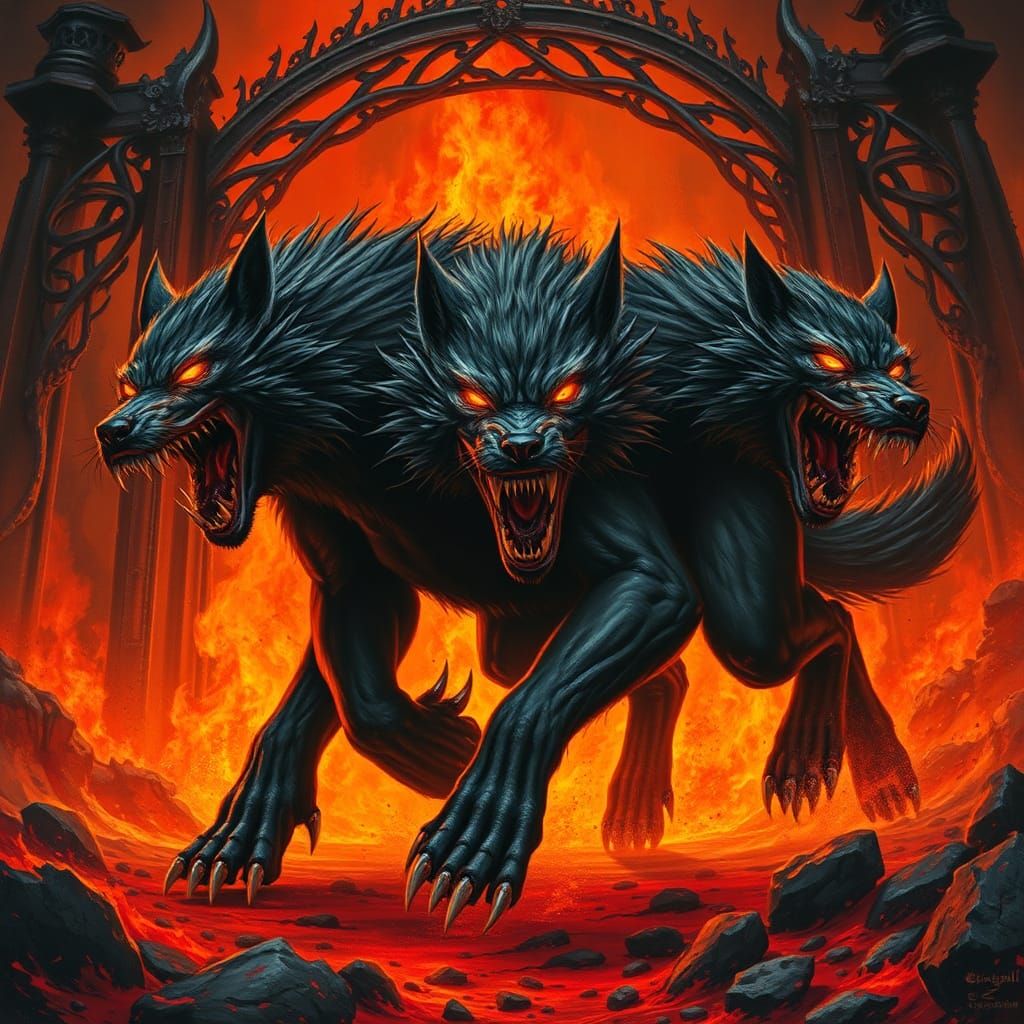 Furious Triple-Headed Dire Wolf in Hellish Landscape