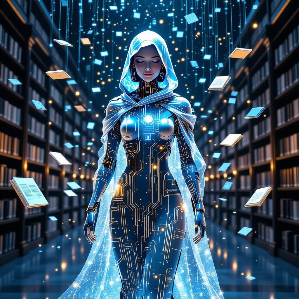 Friendly Digital Being in Cyberpunk Library