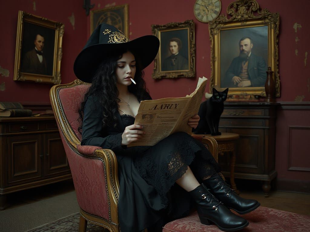 Enchantress in a Gothic Lair, with Victorian Lace and Steamp...