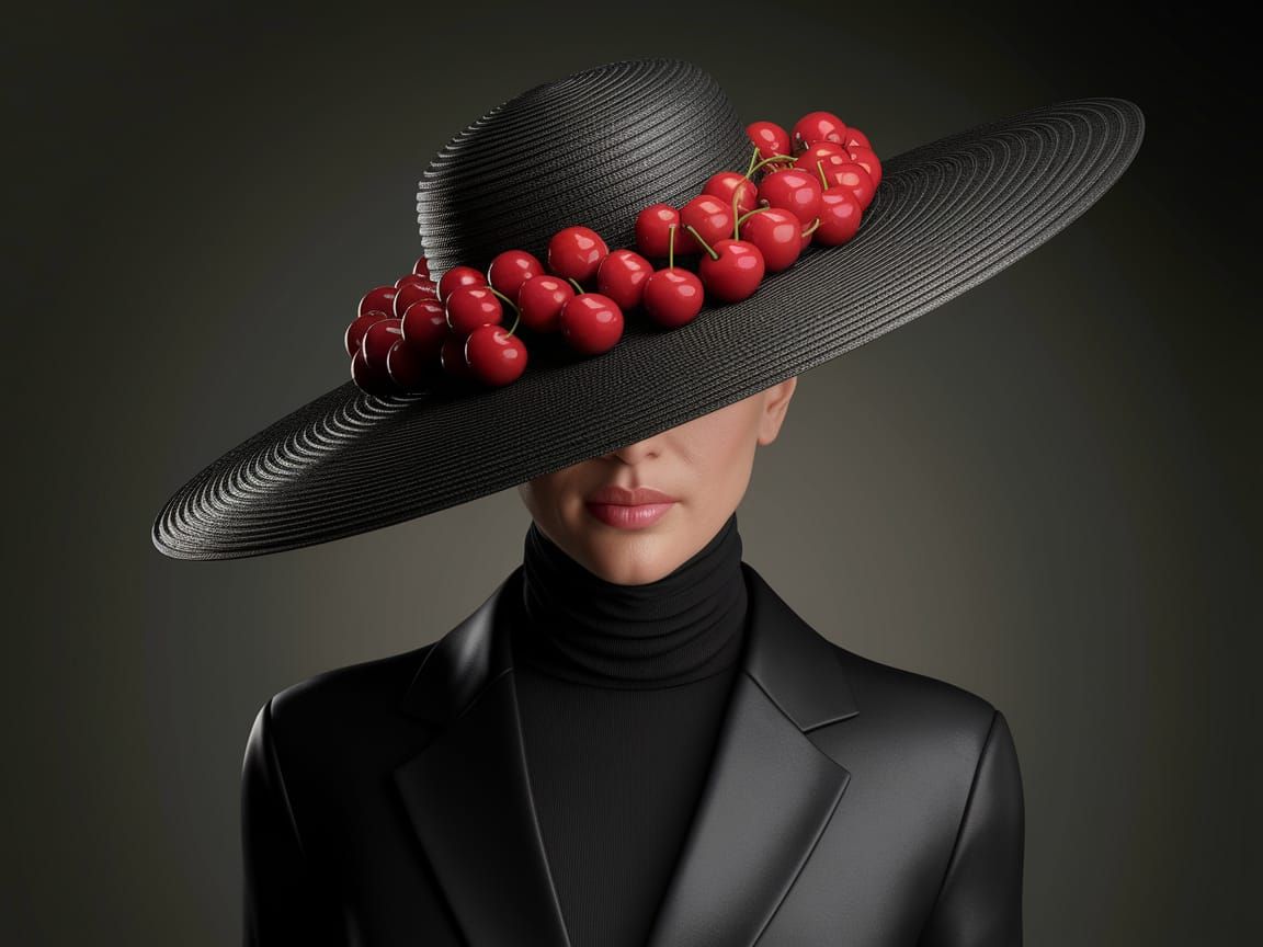 Woman in Dramatic Black Hat with Red Cherries