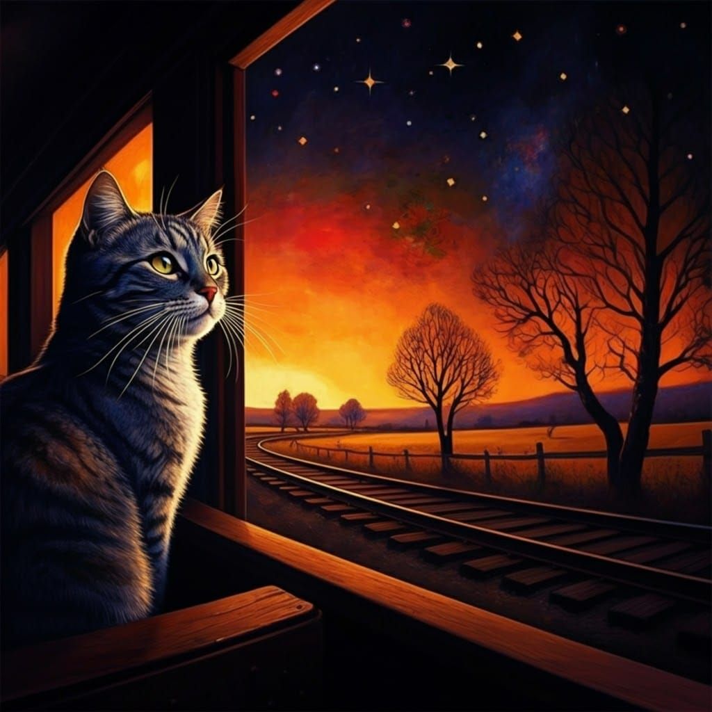 Cat on Train at Twilight: Dreamy Surreal Landscape