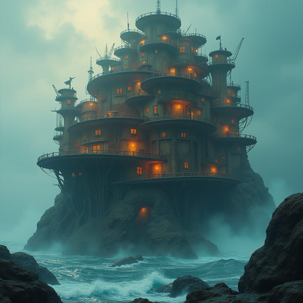 Cyberpunk Pirate Hideout Amidst Whirlwind Ocean