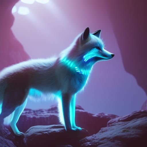 Bioluminescent Fox in Crystal Cave, Cyberpunk Style