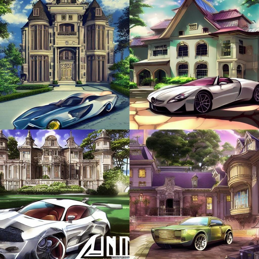Luxury Mansion with Cars in Anime Style