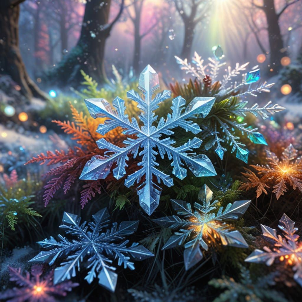 Rainbow Opal Snowflakes in Mythical Forest