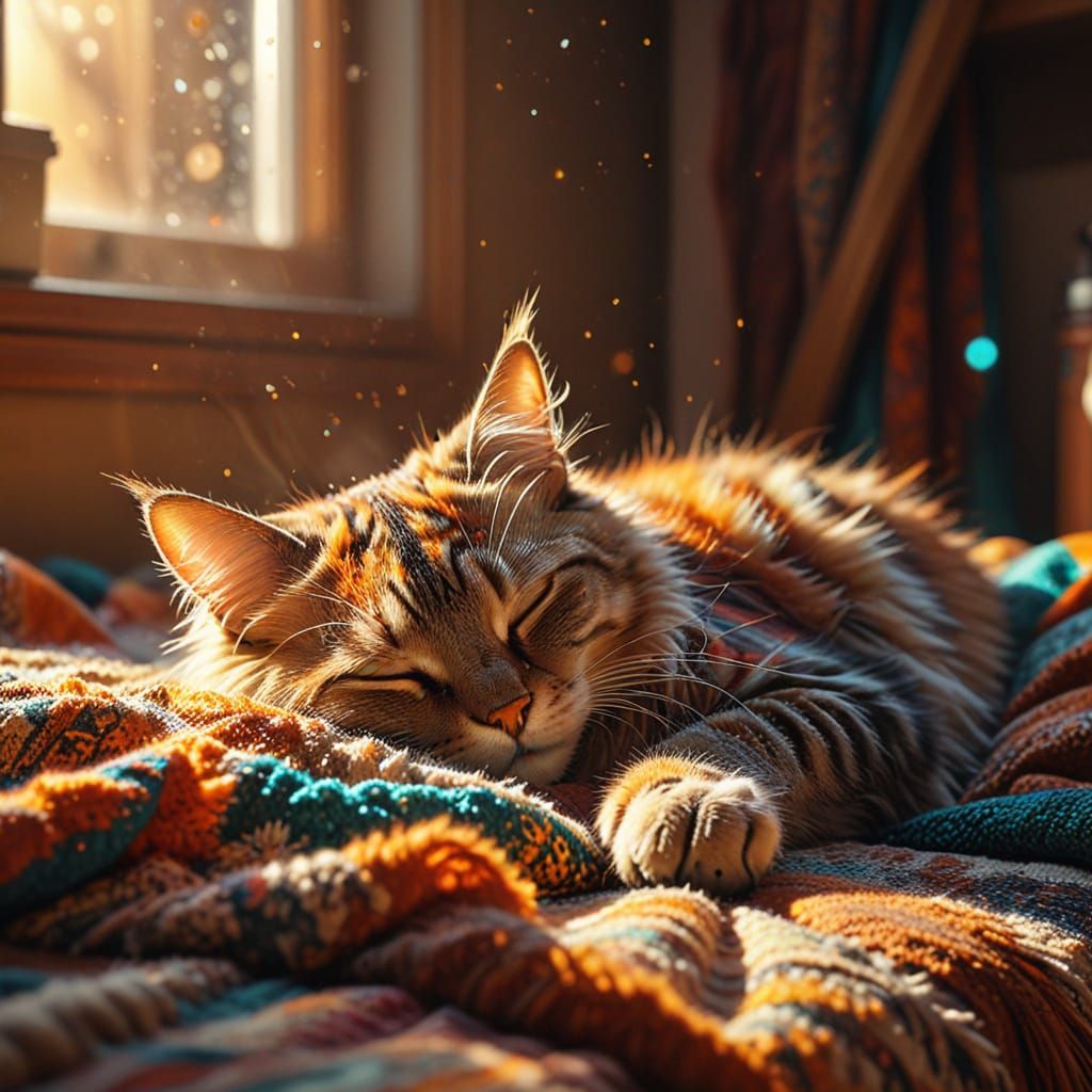 Cozy Cat Nap in Sunbeam: Digital Art