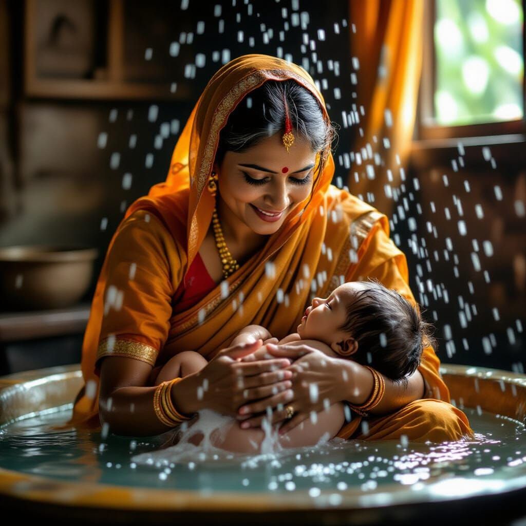 Elderly Caregiver Bathes Baby: Vintage Cinematic Style