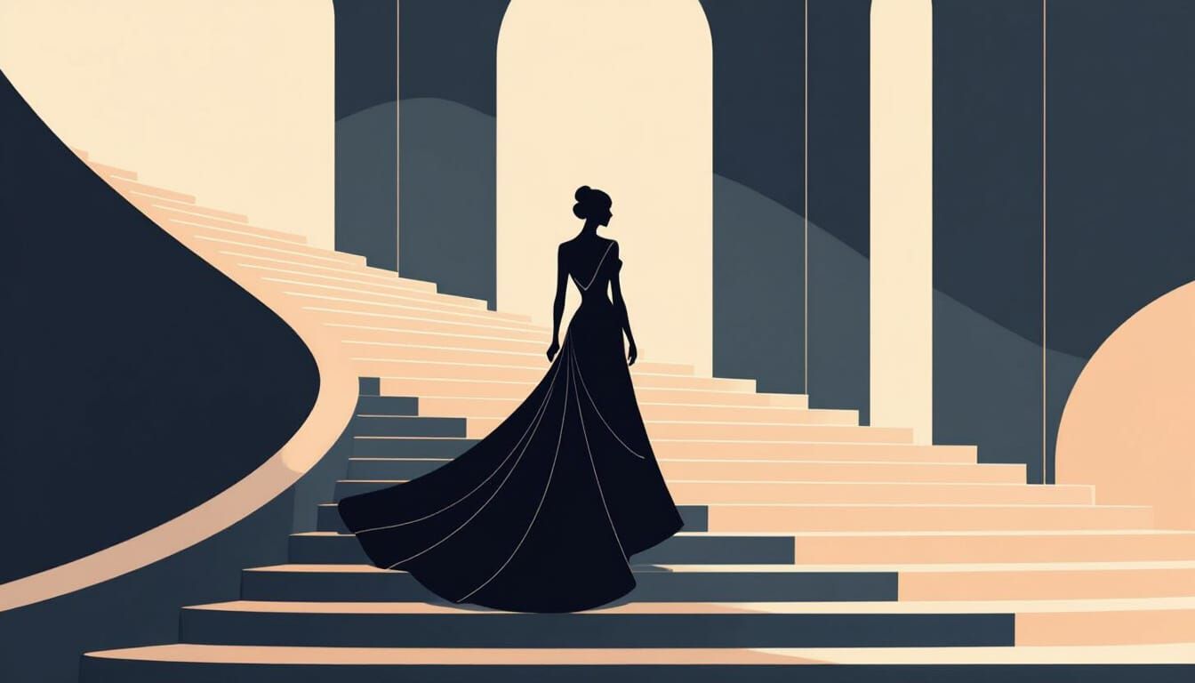 Elegant Silhouette Descends Grand Staircase in Minimalist Li...