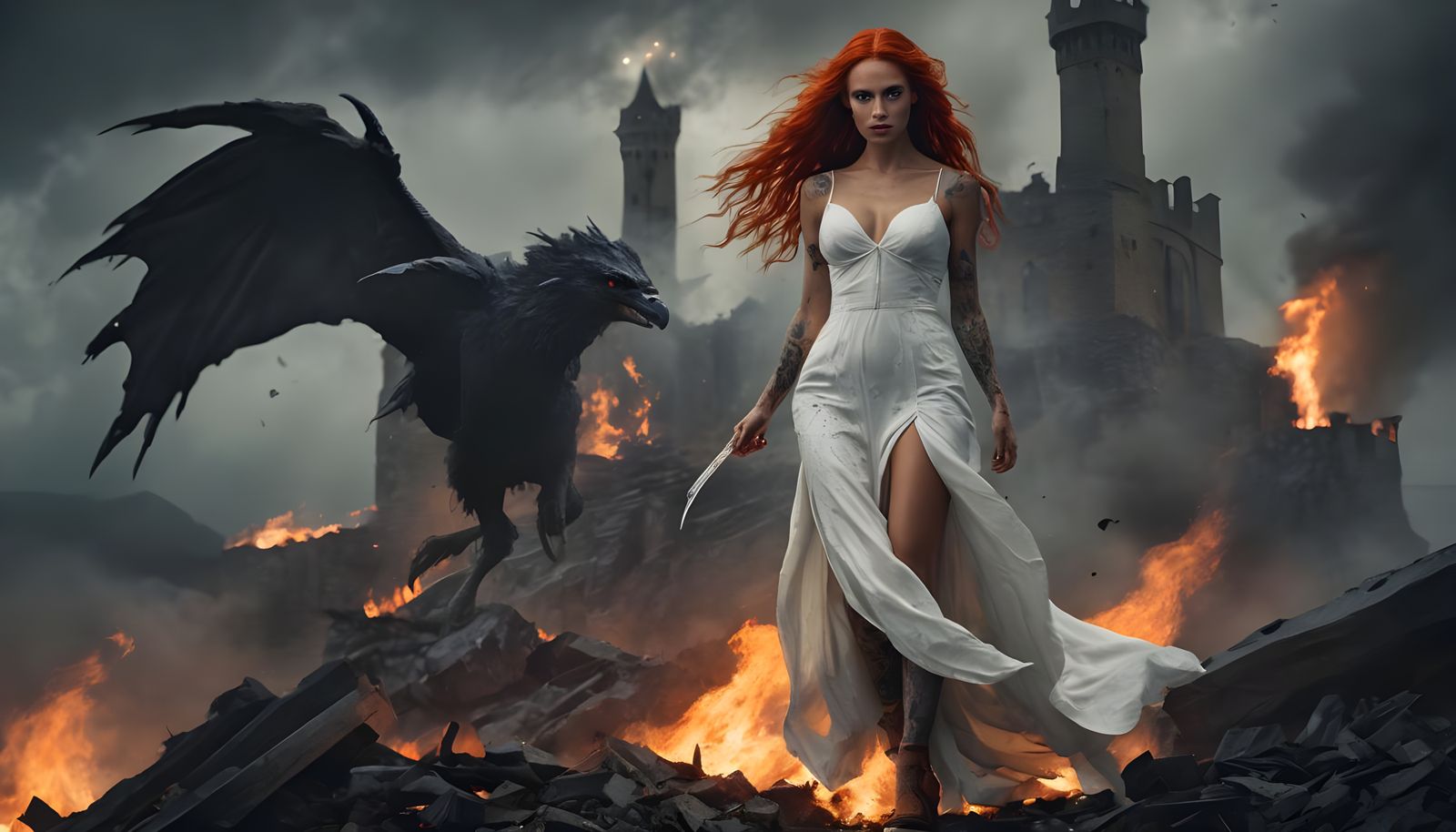 Scandinavian Girl Climbing Through Ruins in Digital Art