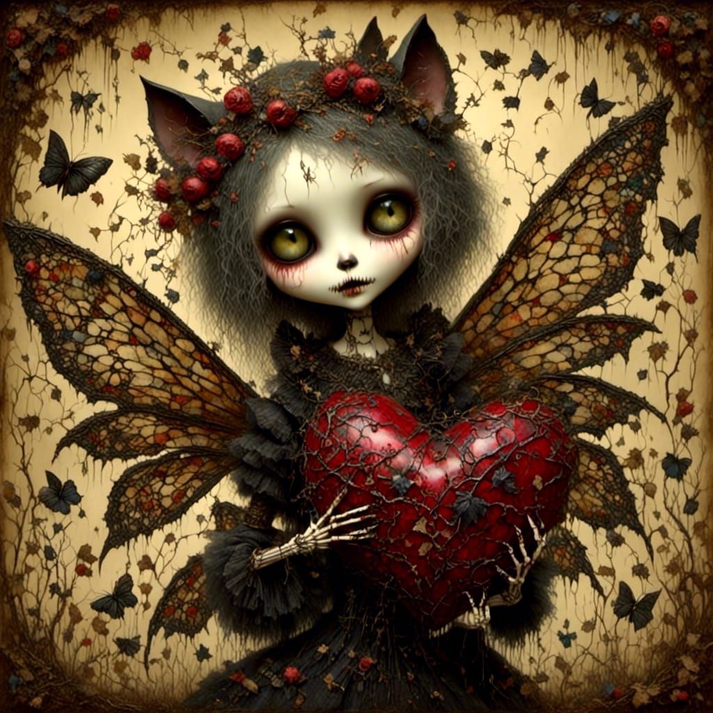 Creepy Vampire Cat Skeleton Fairy with Black Heart