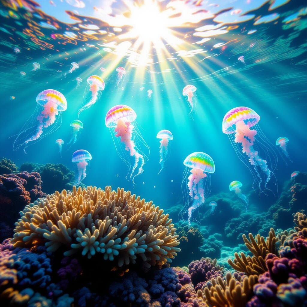 Rainbow Crystal Jellyfish in Coral Reef