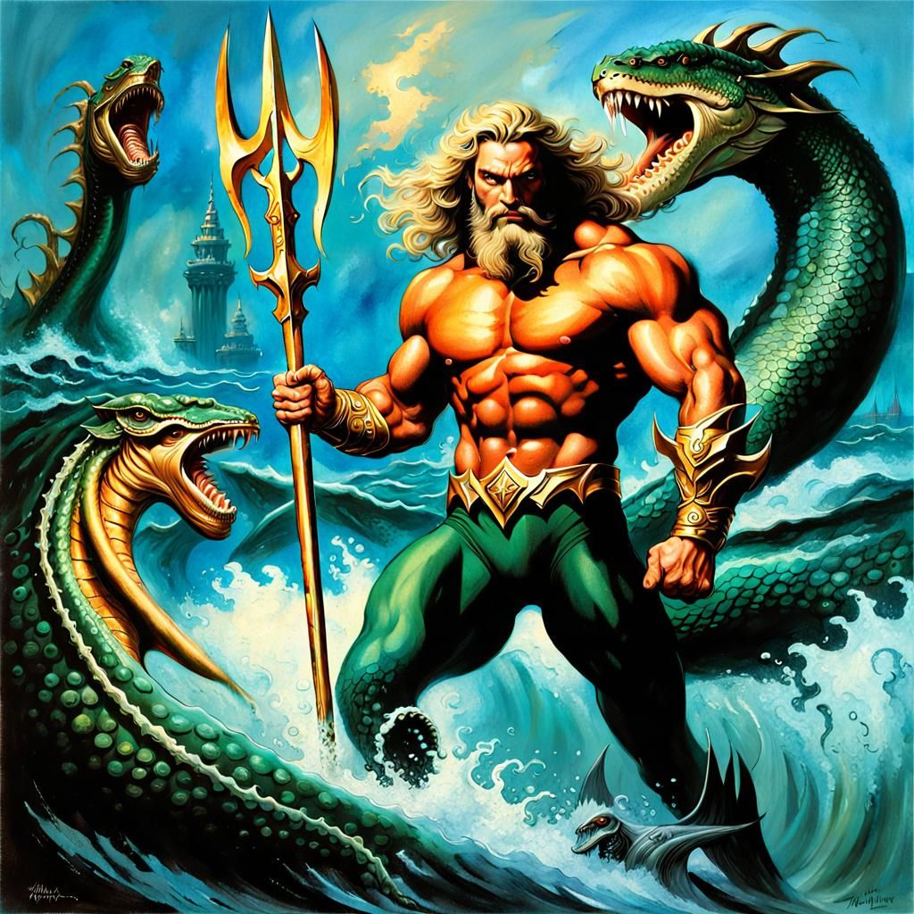 Aquaman Battles Sea Serpent in Fantasy Art Style