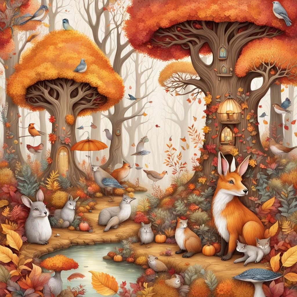 Enchanted Forest with Whimsical Animals in Autumn Colors