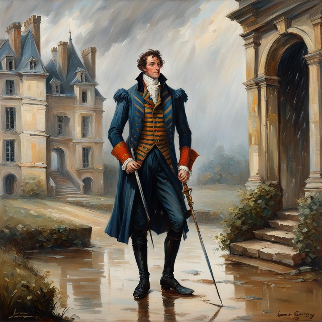 Regal Dandy Pauses in the Rain Outside a Ruined Chateau