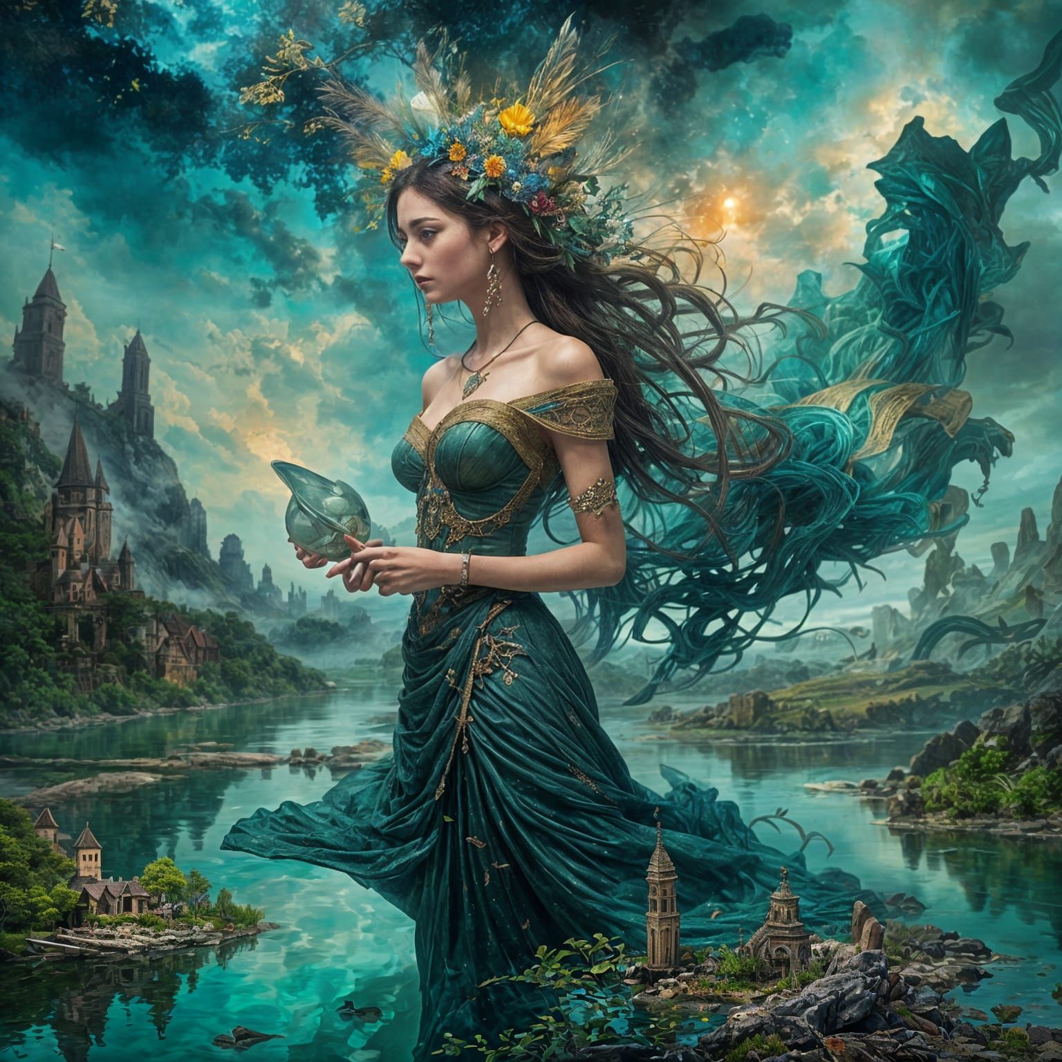 Ethereal River Goddess in Enchanting Mysterious Atmosphere