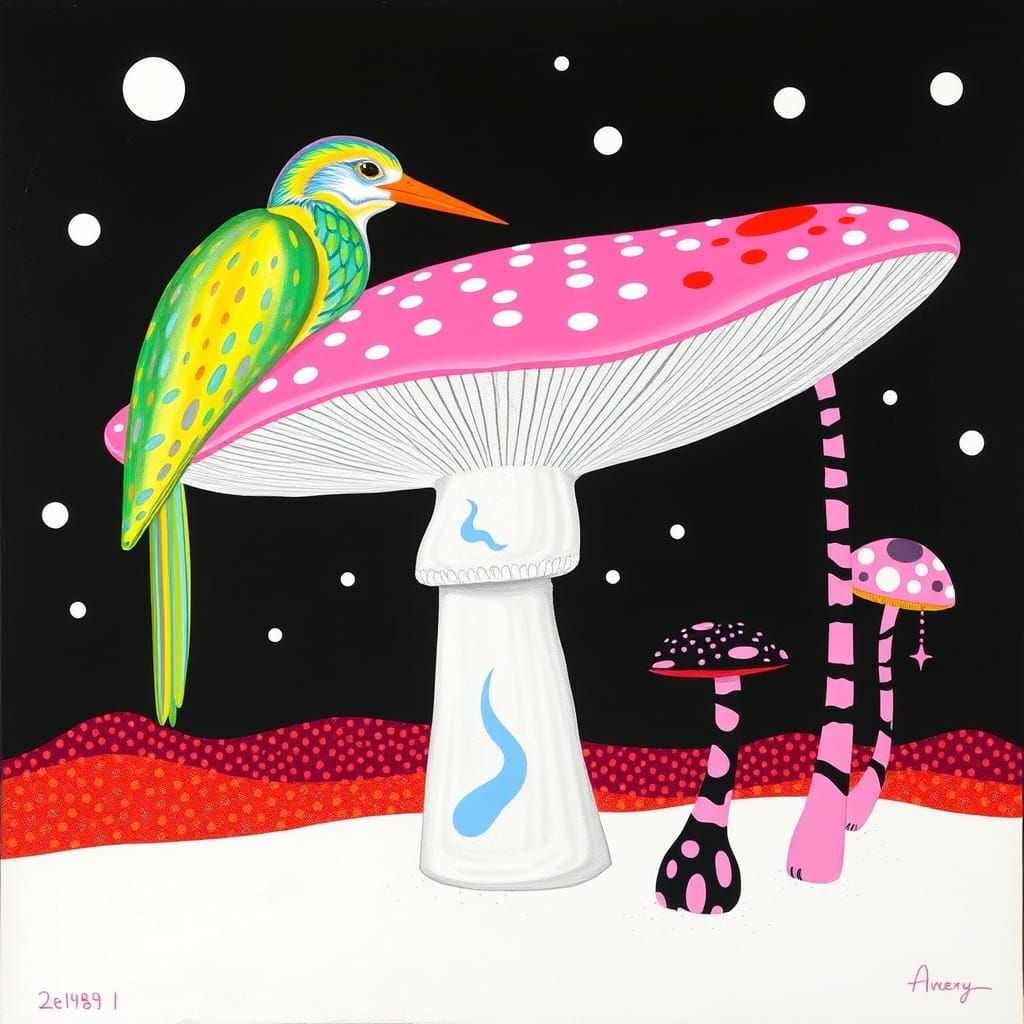 iridescent nutcracker, pink mushroom, volcanic beach . Franc...