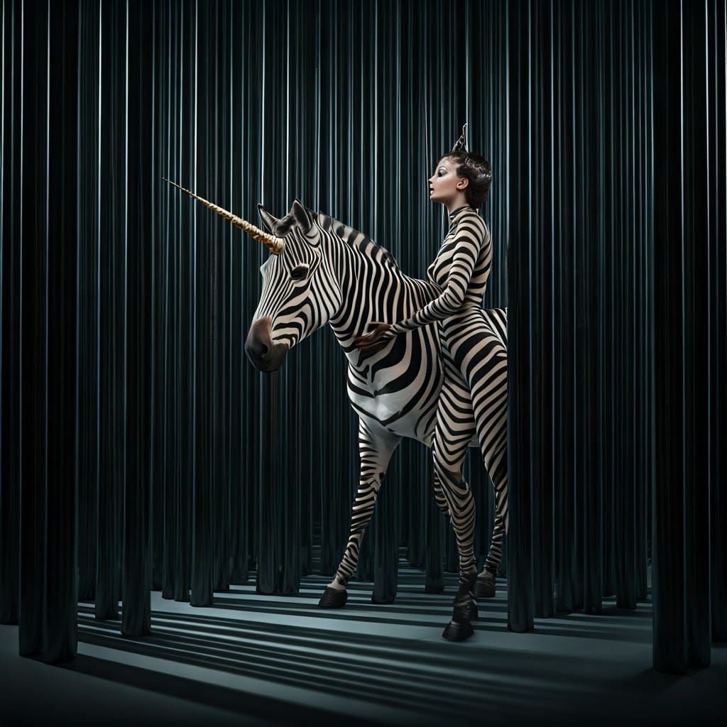 Surrealist Woman Merges with Striped Unicorn in a Dreamscape...