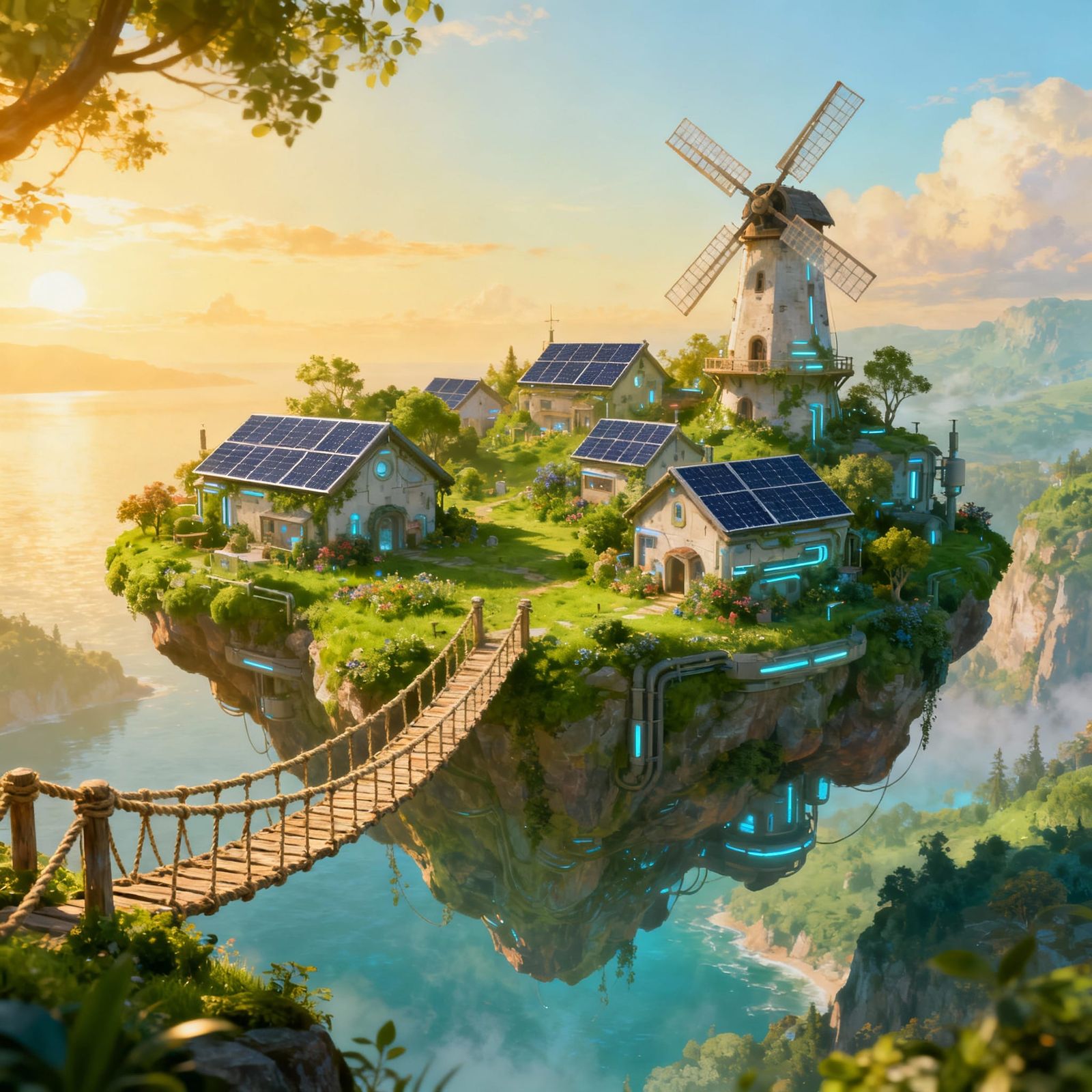 Solarpunk Village on Floating Island with Rope Bridge