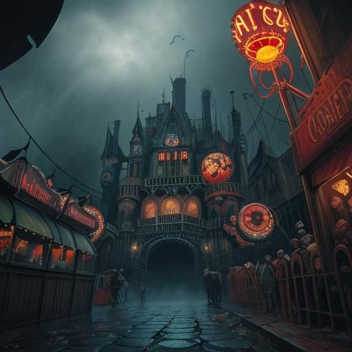 Creepy Carnival Funhouse Entrance in Gothic Horror Style