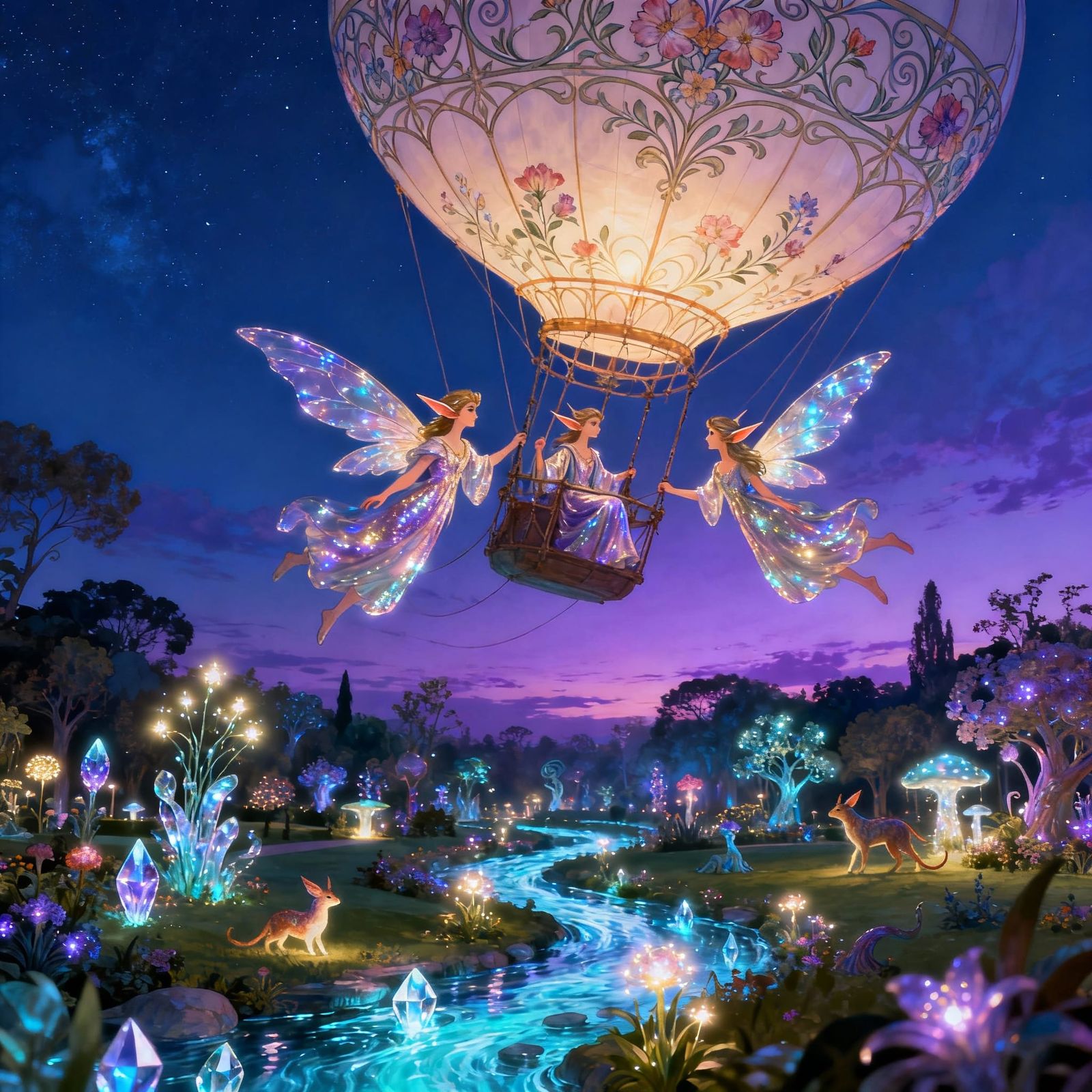 Elves Pilot Hot Air Balloon in Magical Park