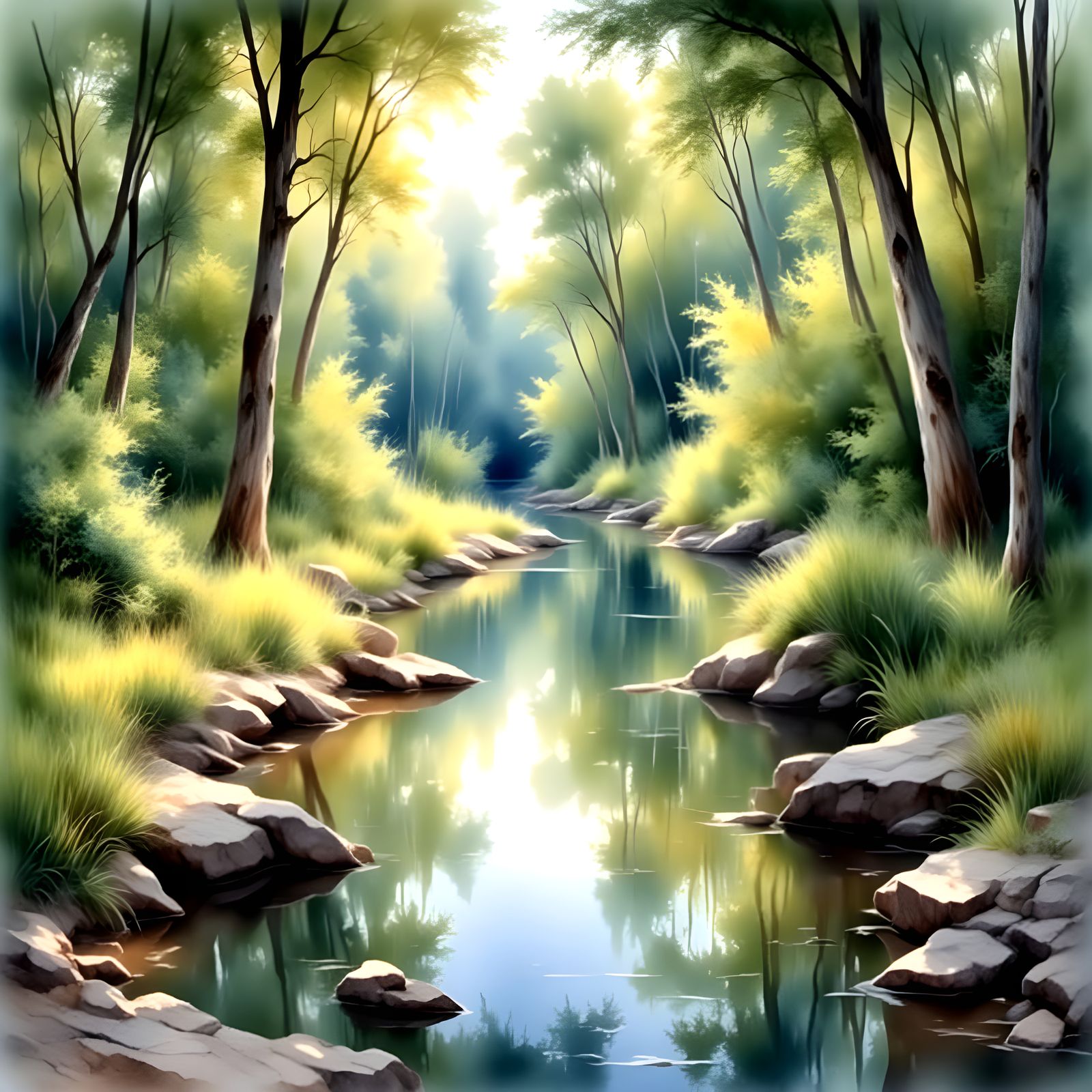 Tranquil Stream Landscape with Dappled Sunlight