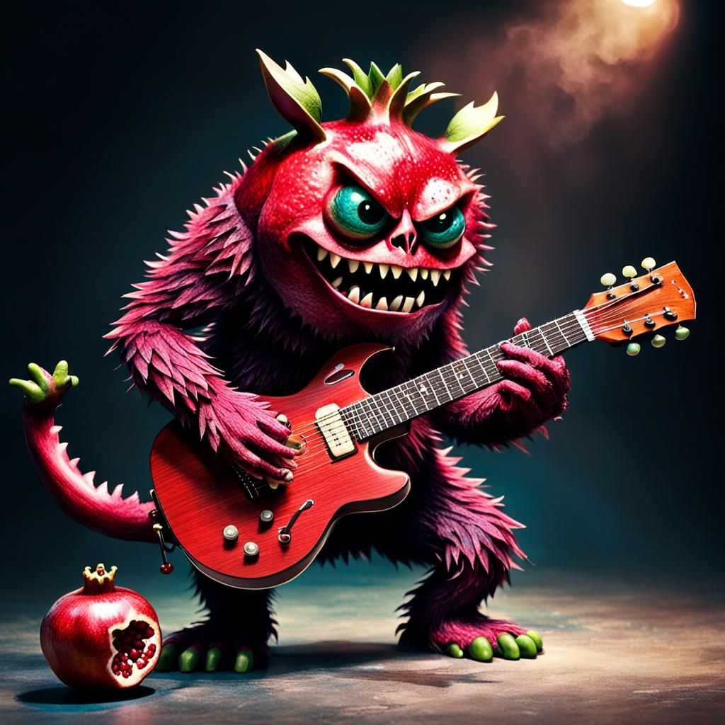 Pomegranate Monster Plays Guitar in Surreal Scene