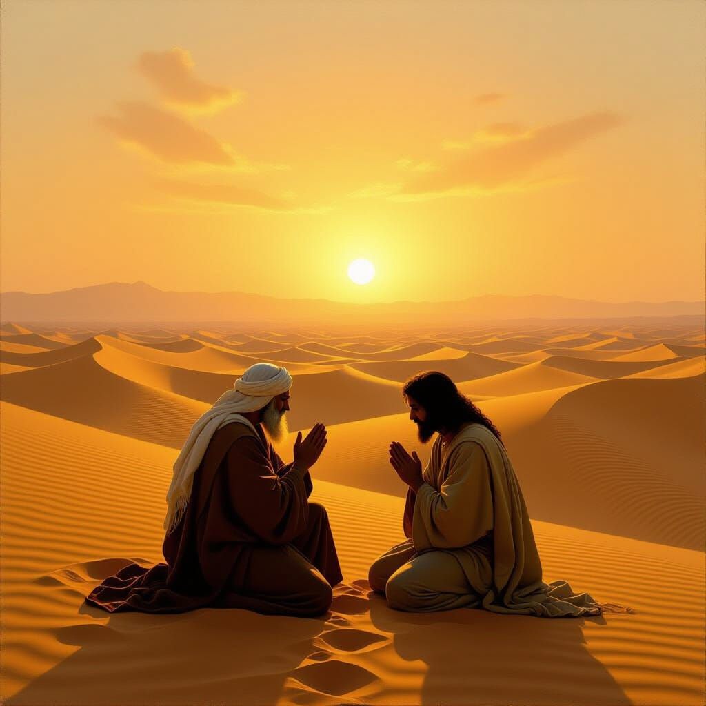 Abraham Prays in Desert Dawn as Baroque Oil Painting