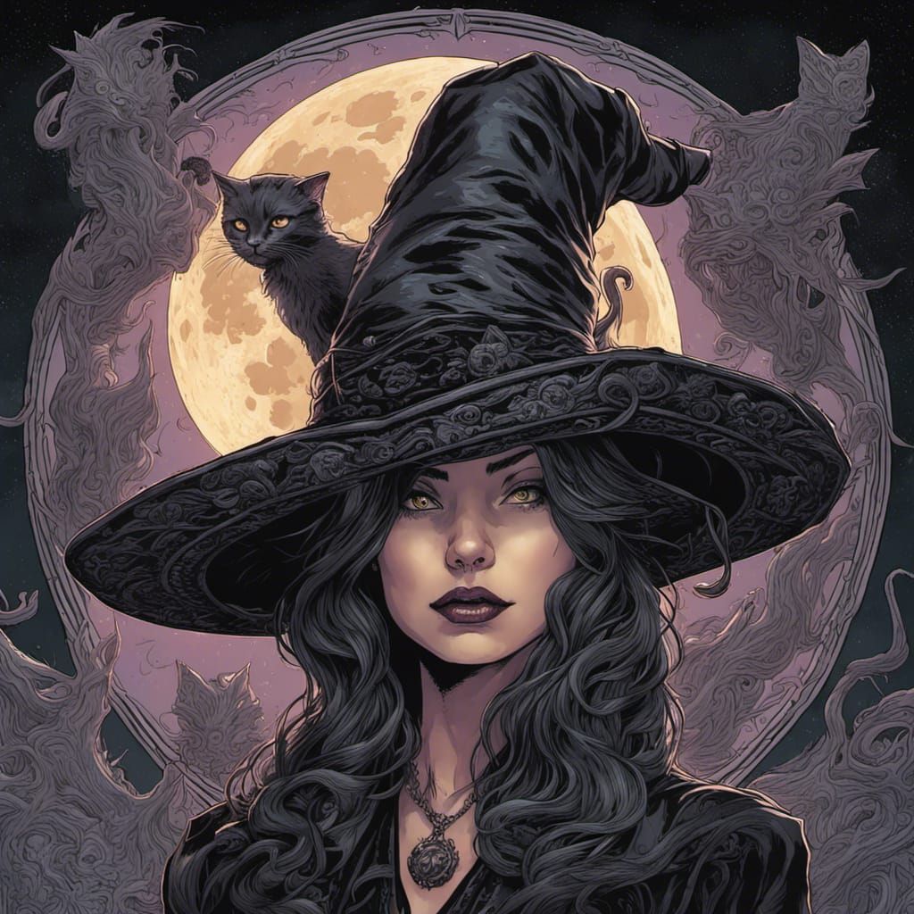 Eldritch Lunar Witch with Black Cat in Gothic Style