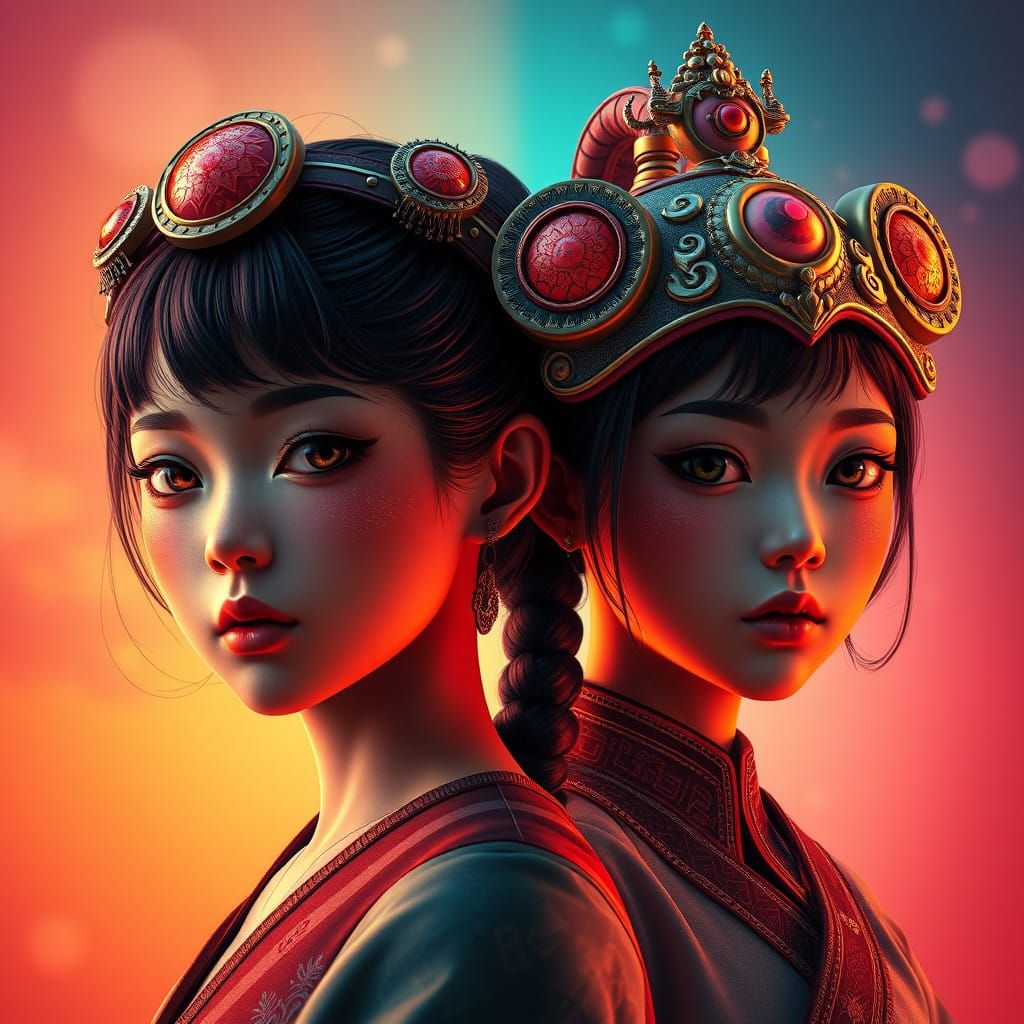 Ethereal Oriental Beauty in Vibrant Triadic Colors