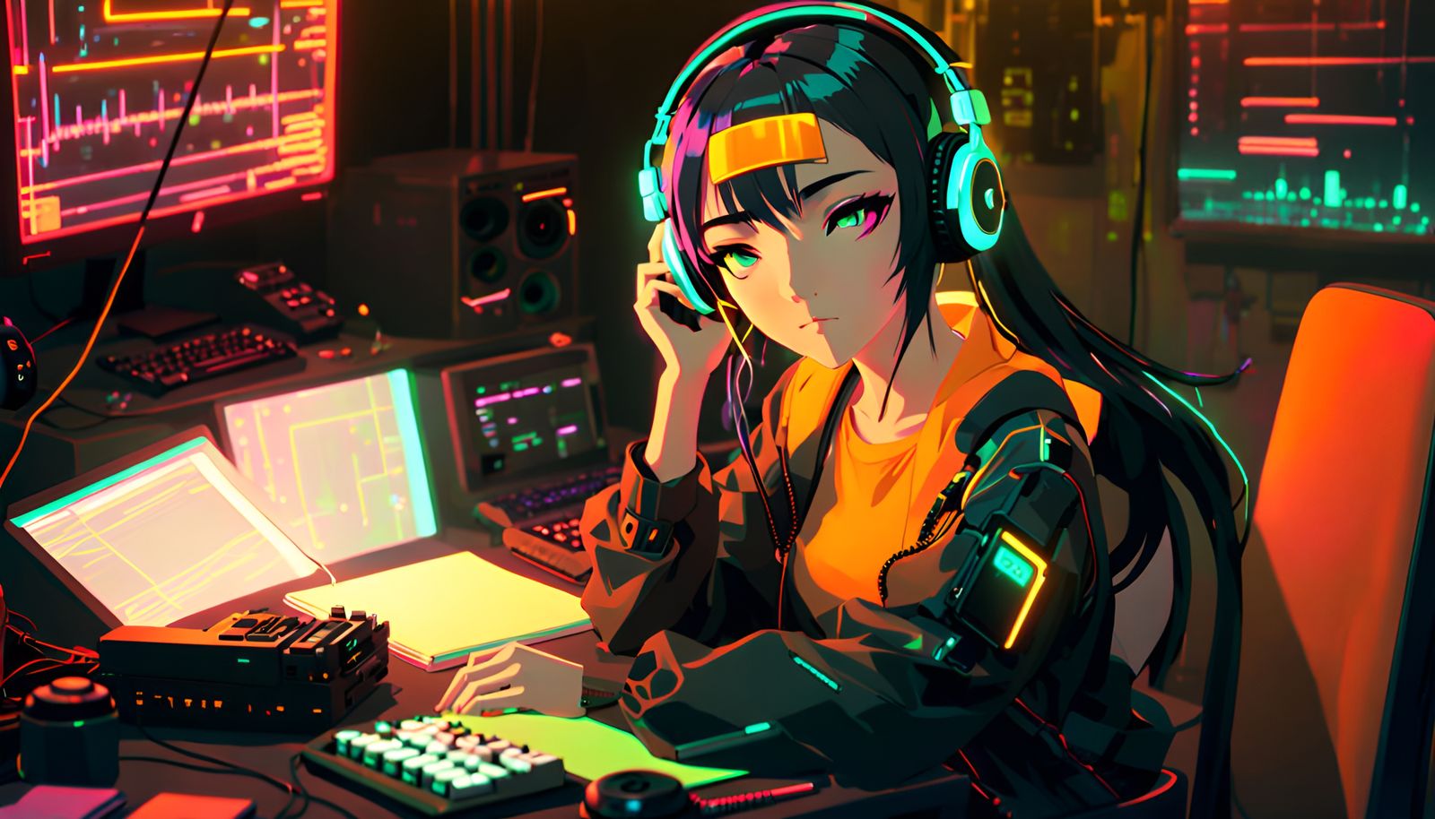 Cyberpunk Girl Writing with Neon Colors