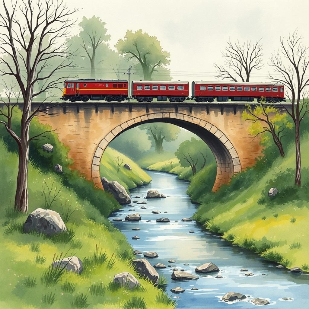 Whimsical Train Viaduct in Soft Watercolor Style
