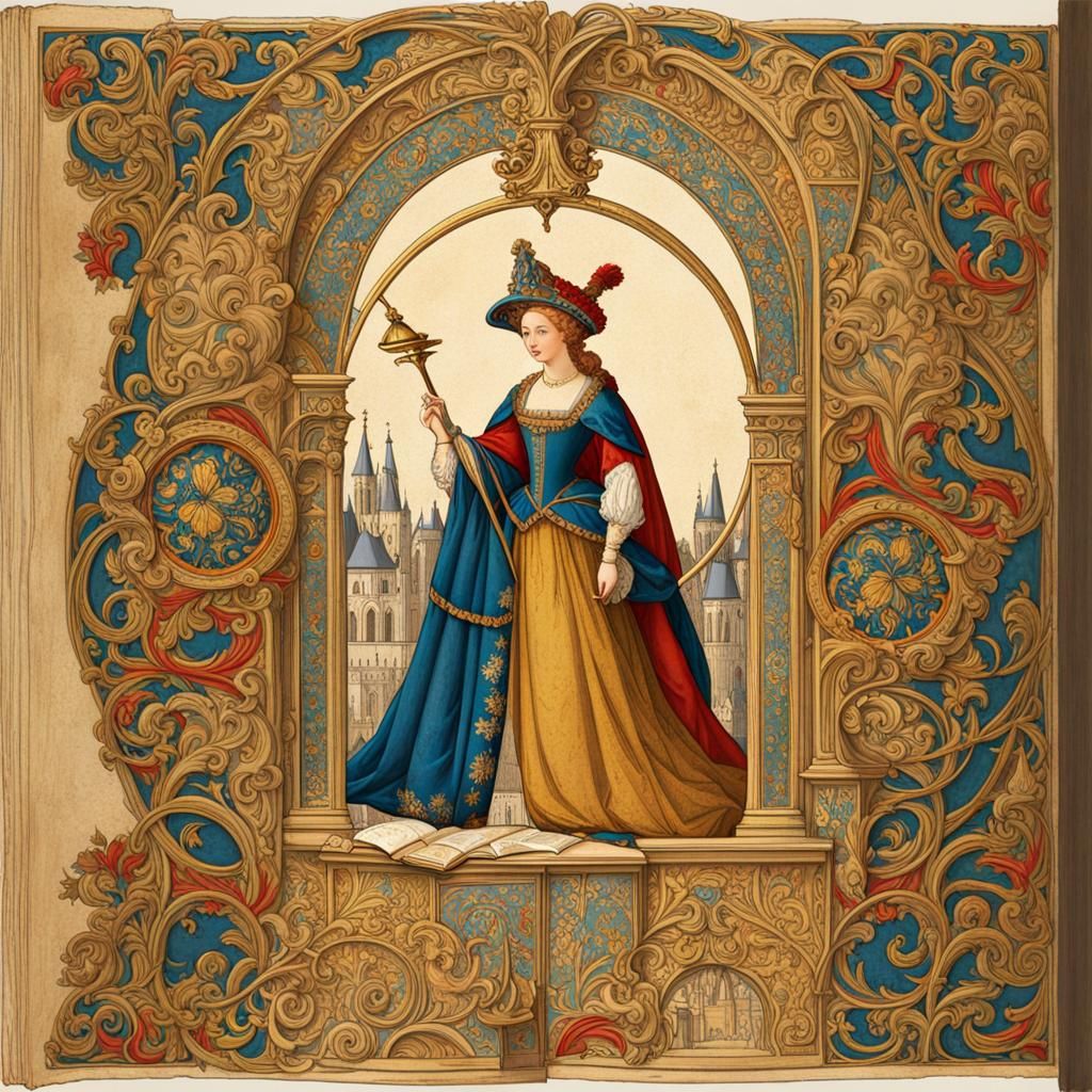Illuminated Medieval Manuscript with Lady in Costume