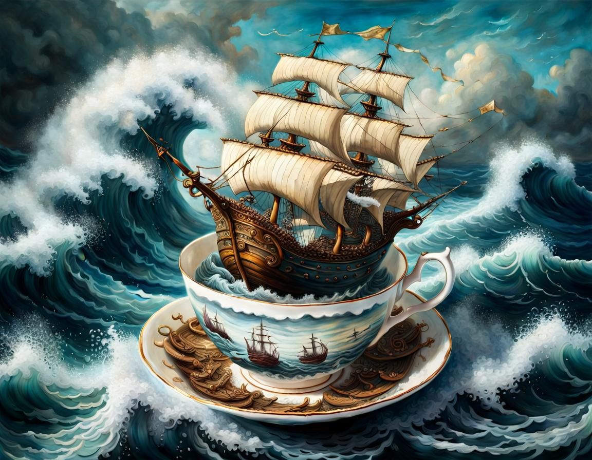Galleon Ploughs Tea Sea Inside Teacup: Surreal Scene