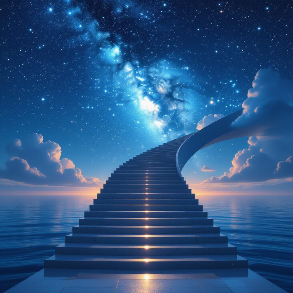 Staircase to Stars Rising From Surreal Sea