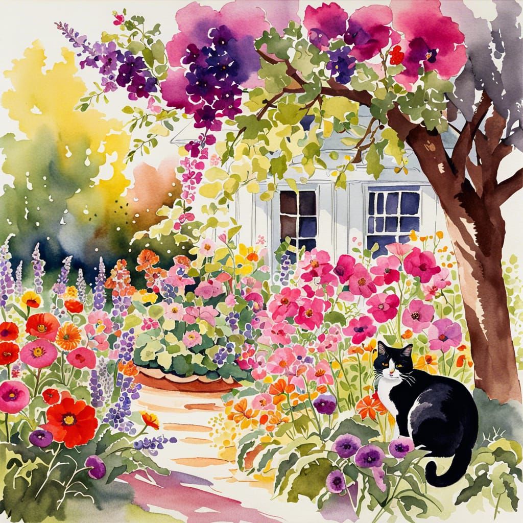 Colorful Garden with Cats in Watercolor Style