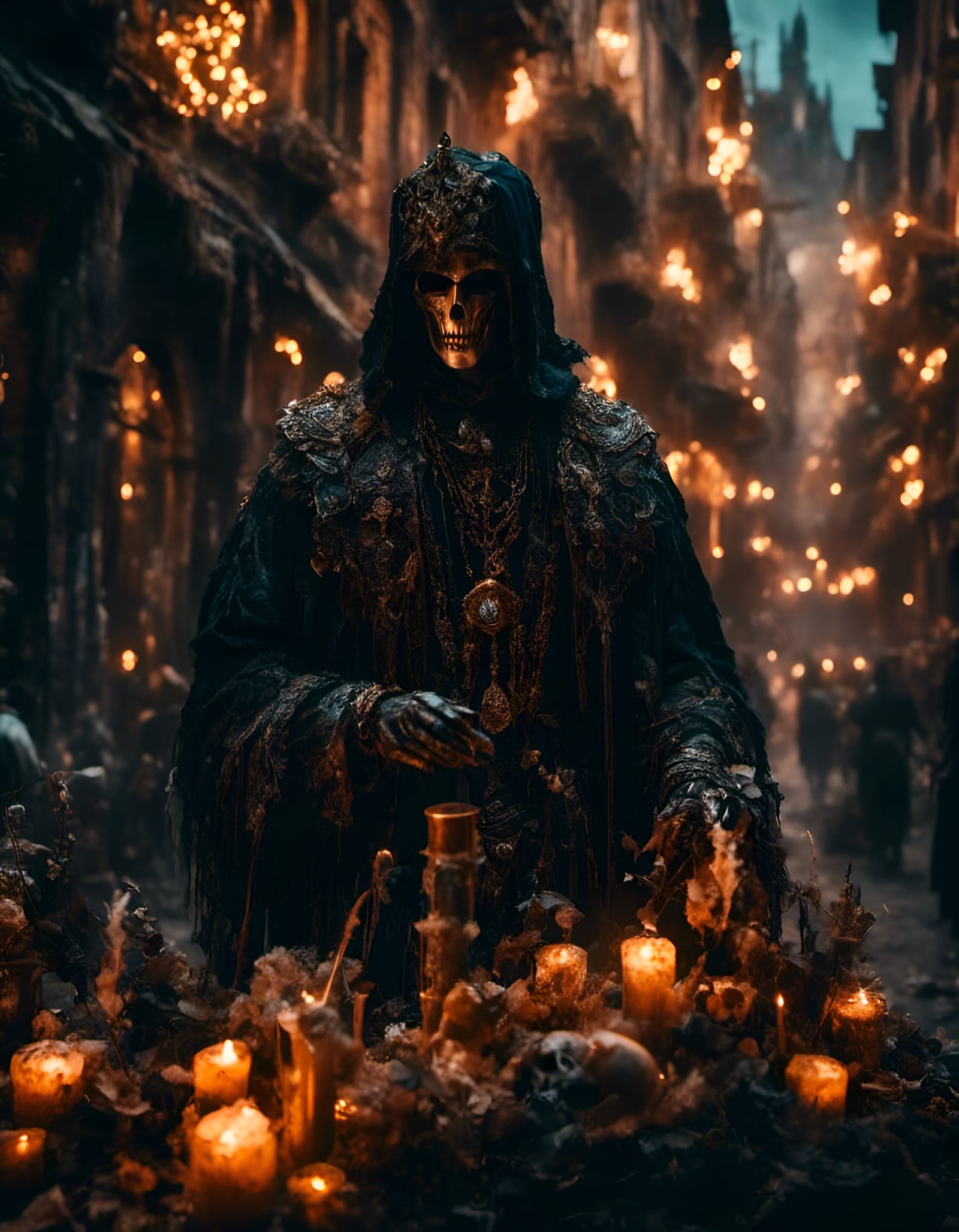 Handsome Necromancer in Medieval City with Dramatic Lighting