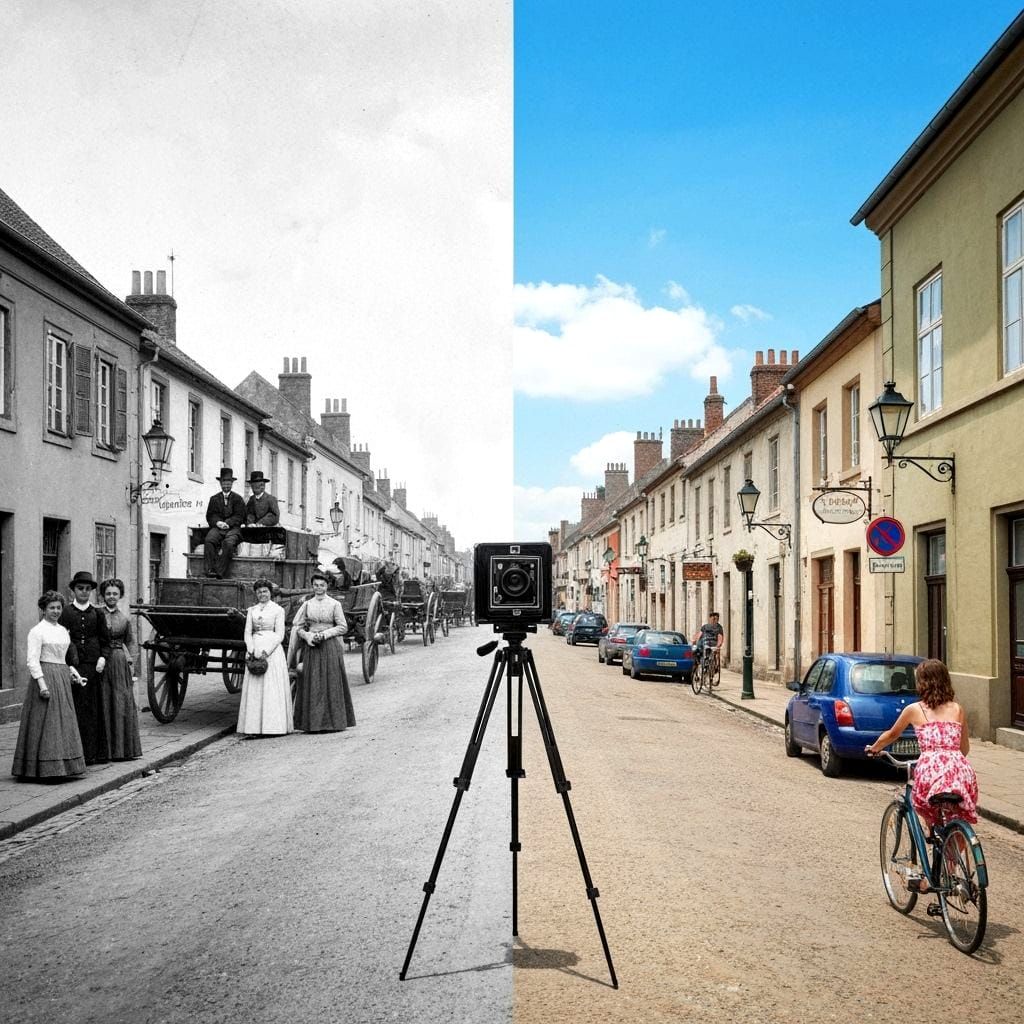Camera Divides Time: Historical Meets Modern Street