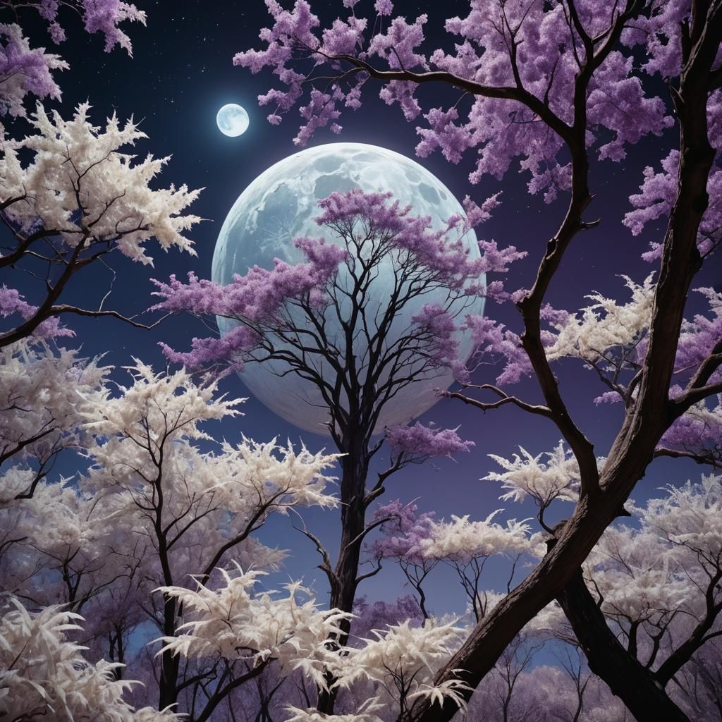 Hyperrealistic Planet with White Trees and Blue Star